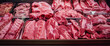 Quality raw meat showcase. Fresh and pink meat collection. Meat shop. Various and good product in the store.