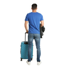 Canvas Print - Handsome man with suitcase for summer trip on white background, back view. Vacation travel