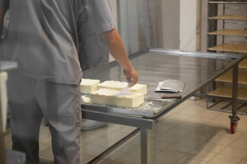 Wall Mural - Worker salting fresh cheese at modern factory, closeup