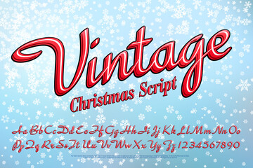 Wall Mural - A Vintage Style Christmas Script Alphabet with a Snowflake Background. Red Cursive Lettering With a Retro 1950s Look. Calligraphy Font in a Classic Fifties or Sixties Greeting Card Style.