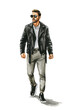 © Arteria|lab - Fashion watercolor illustration of man in stylish trendy outfit. Hand drawn painting of male hipster. Street style look