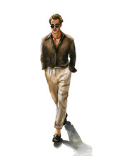 Fashion Watercolor Illustration Of Man In Stylish Trendy Outfit. Hand Drawn Painting Of Male Hipster. Street Style Look