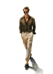 fashion watercolor illustration of man in stylish trendy outfit. hand drawn painting of male hipster