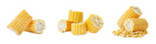 Set Of Corn Cob Pieces On White Background. Banner Design
