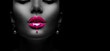 © Subbotina Anna - Purple Paint dripping, lipgloss drops on sexy lips, bright liquid paint on beautiful model girl's mouth. Lipstick. Make-up. Beauty face makeup, close up. Isolated on black background