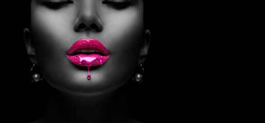 Poster - purple paint dripping, lipgloss drops on sexy lips, bright liquid paint on beautiful model girl's mo
