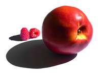 Nectarine & Raspberries - A Closeup Image Of A Single Nectarine And Two Raspberries Against A Pure White Backdrop