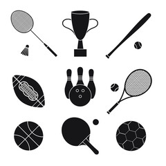 Wall Mural - Vector set bundle of flat black sport equipment isolated on white background