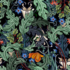 Seamless pattern with flowers in art deco style. Modern trendy print.
