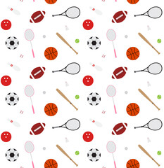 Wall Mural - Vector seamless pattern of flat cartoon sport equipment isolated on white background