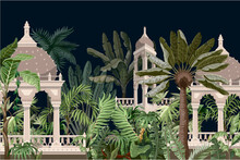 Border With Jungle Trees And Ancient Castle. Vector.