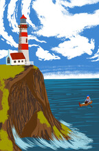 Seascape With A Lighthouse And A Boat. White Lighthouse With Red Stripes And A Roof. Holiday Card.