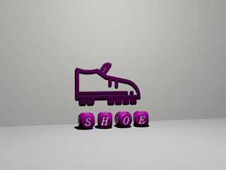 Leinwandbilder - 3D illustration of shoe graphics and text made by metallic dice letters for the related meanings of the concept and presentations. background and shoes