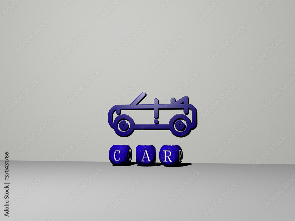 3D illustration of car graphics and text made by metallic dice letters ...