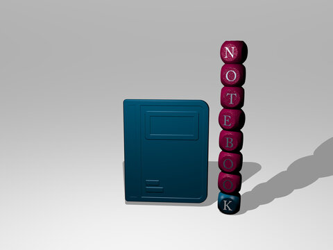 3D illustration of NOTEBOOK graphics and text around the icon made by metallic dice letters for the related meanings of the concept and presentations. background and business