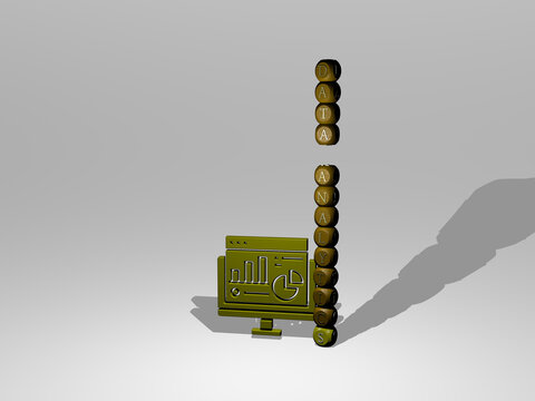 3D illustration of data analytics graphics and text around the icon made by metallic dice letters for the related meanings of the concept and presentations. business and background