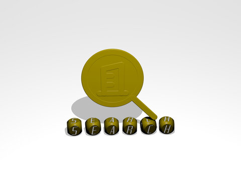3D illustration of SEARCH graphics and text made by metallic dice letters for the related meanings of the concept and presentations. icon and business