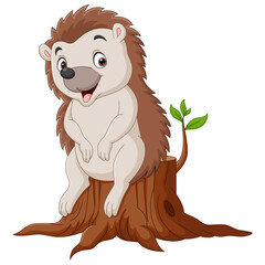 Sticker - Cartoon little hedgehog sitting on tree stump