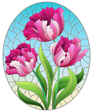 Illustration In Stained Glass Style With A Bouquet Of Pink Tulips On A Blue Background, Oval Image