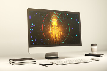 Aufkleber - Modern computer monitor with creative light bulb hologram and chip on laptop background, idea and brainstorming concept. 3D Rendering