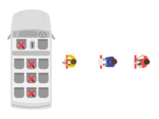 Safe travels under Covid-19,top view of van or bus public transportation, People wait in line for van, keep distance for 2 meters, social distancing concept, new normal,vector illustration