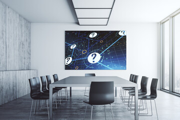 Aufkleber - Creative abstract question mark hologram on tv display in a modern presentation room, future technology concept. 3D Rendering