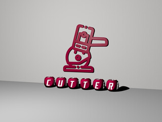 Poster - CUTTER 3D icon on the wall and text of cubic alphabets on the floor. 3D illustration. background and cutting