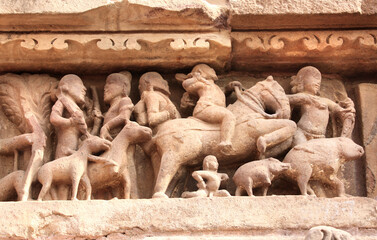 Sticker - Famous human and animals sculptures at temple in Khajuraho, India