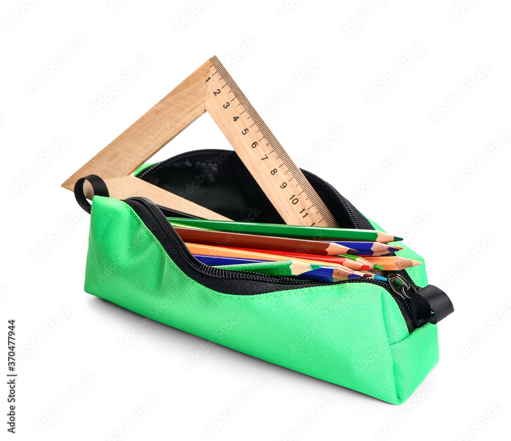 Case with set of colorful pencils on white background