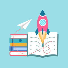 Rocket flying from textbook with stack of books and paper plane in flat design. World book day concept vector illustration.