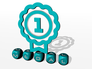 Poster - MEDAL cubic letters with 3D icon on the top. 3D illustration. award and gold