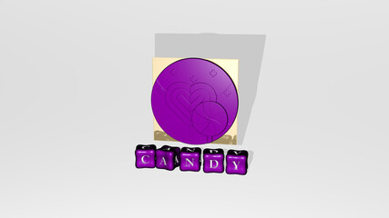 Poster - 3D representation of candy with icon on the wall and text arranged by metallic cubic letters on a mirror floor for concept meaning and slideshow presentation. background and illustration