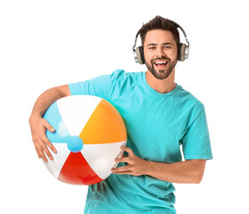 Poster - young man with headphones and inflatable ball on white background