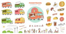 Big Set Of Street Food Festival Items Sketch Cartoon Vector Illustration Isolated.