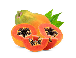 ripe papaya fruit with seeds on white background