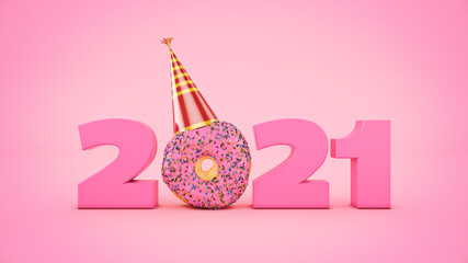 Wall Mural - Donut with party hat concept 2021 New Year sign. 3d rendering	
