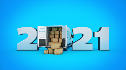 delivery truck concept 2021 New Year sign. 3d rendering