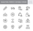 Free label line icons. Vector illustration included icon as gratis delivery truck, shipping, wifi, download, duty free outline pictogram of freebies. 64x64 Pixel Perfect Editable Stroke