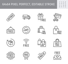 Free Label Line Icons. Vector Illustration Included Icon As Gratis Delivery Truck, Shipping, Wifi, Download, Duty Free Outline Pictogram Of Freebies. 64x64 Pixel Perfect Editable Stroke