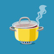 Saucepan on burner. Cartoon steel cooking pot with boiling soup, flaming gas burner heats kitchen cookware pan, vector illustration concept of home dinner isolated on blue backgroun