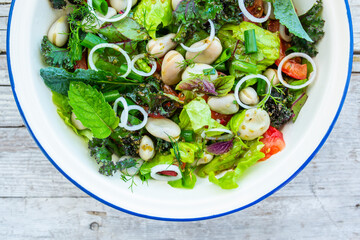 A healthy and delicious salad made from fresh vegetable leaves and broad beans. Vegetarian food.