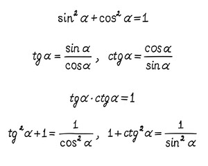 Basic trigonometric identities. Formulas for calculating sine, cosine, tangent, cotangent. Education, getting classes, school program Higher mathematics. Handwritten math text. Vector illustration