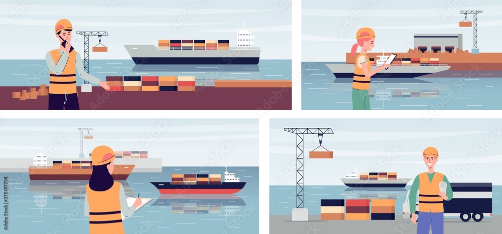 Export ship port banner set with people managing cargo ship transportations - obrazy, fototapety, plakaty 