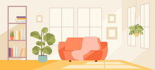 Warm Living Room With Windows, Sofa And Flowers. Home Comfort Vector Illustration