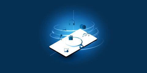 Poster - Abstract Blue Minimal Style Cloud Computing, Networks, Consumer Mobile Telecommunications Concept Design with Mobile Phone, Flowing Data, Icons Representing Various Services - Vector Illustration