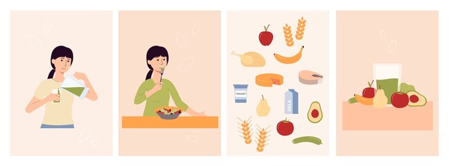 Woman on healthy food diet - poster set with fruit and vegetables