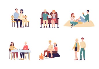 Wall Mural - Set of loving couple spending time together flat vector illustration isolated.