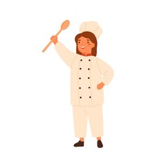 Wall Mural - Adorable little chef portrait, cute girl in cook uniform. Child in chefs hat, toques. Smiling kid holding serving wooden soup spoon ladle. Flat vector cartoon illustration isolated on white background