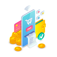 Online payment, Electronic bank app, Money transfer Isometric concept. Online shopping 3d design template with smartphone, wallet, icons and coins. E-commerce and mobile payments vector illustration