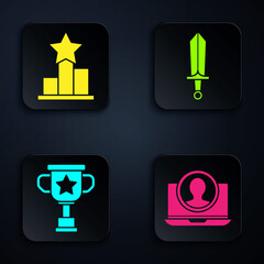 Poster - Set Create account screen, Star, Award cup and Sword for game. Black square button. Vector.